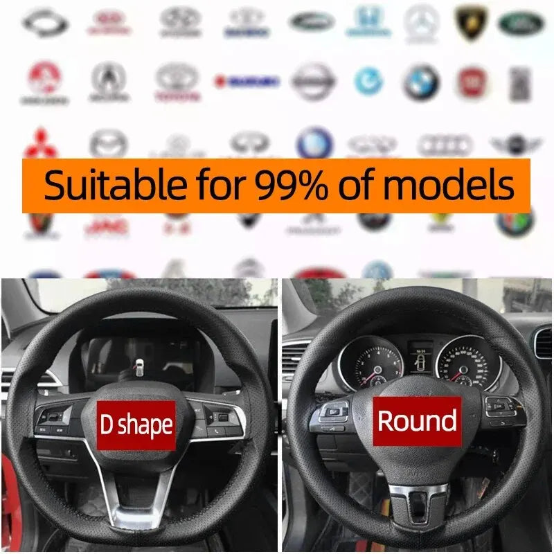 Universal Leather Car Steering Wheel Stitch On Wrap Cover Fit for 38cm 14" DIY