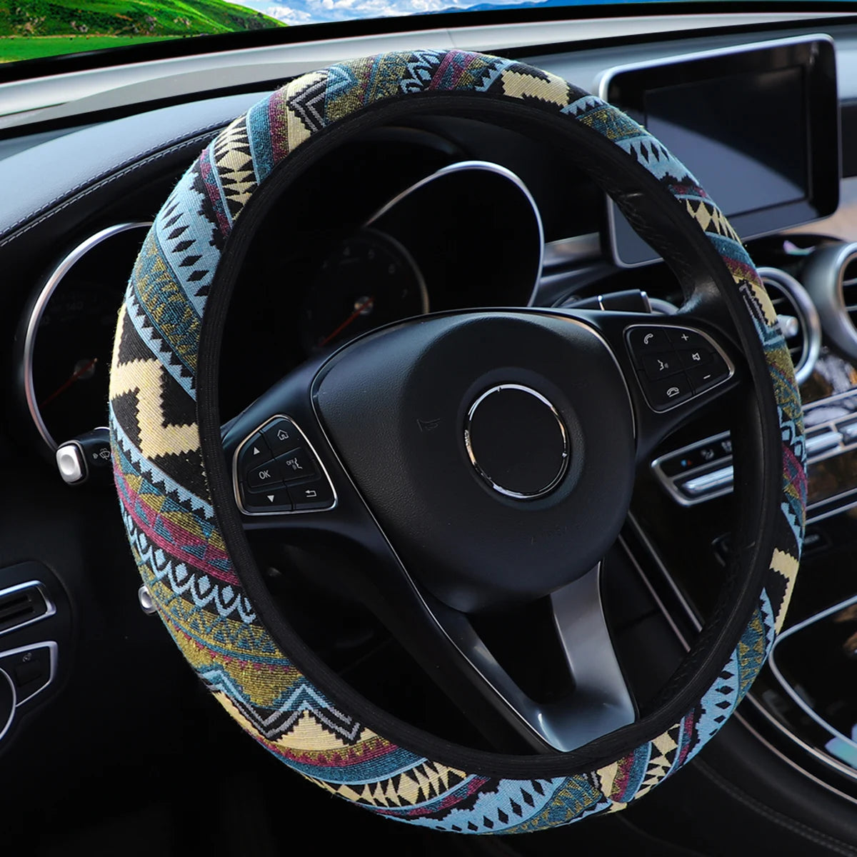 Steering Wheel Cover Breathable Cotton-Like Fabric Rimless Car Decoration