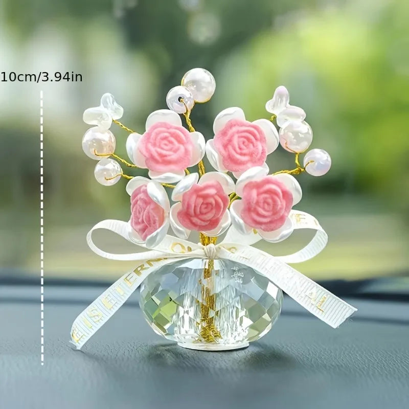 Crystal Glass Rose Dashboard Ornament Elegant Home,/Bedroom/Car Decor, Festive Premium Automotive Accessory