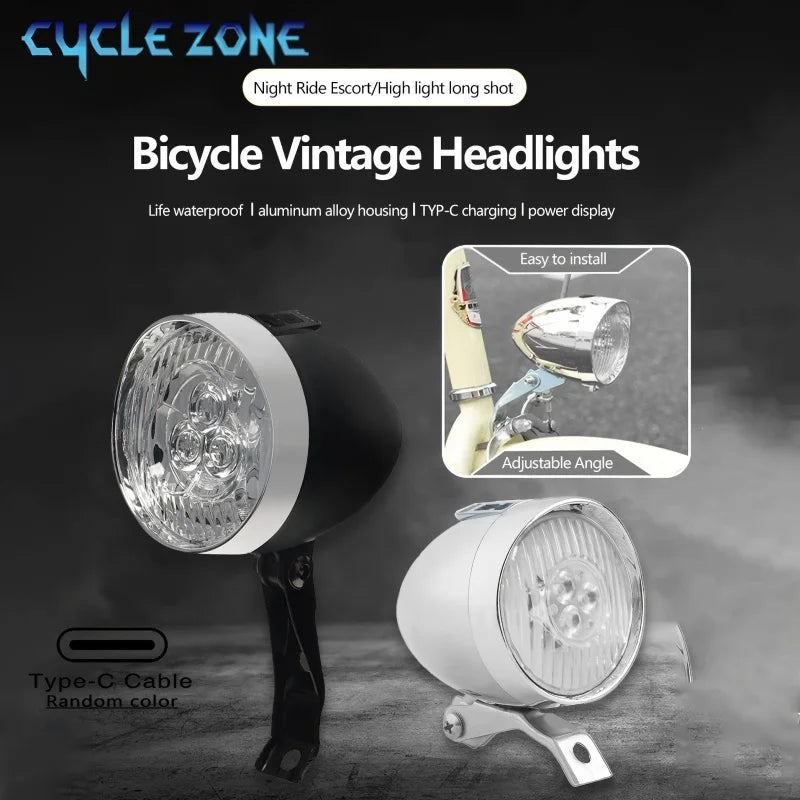 Retro Bike Headlight Type-C Rechargeable Classic Mountain Bicycle Front Light 3 LED MTB Road Bike Headlamp Cycling Accessories
