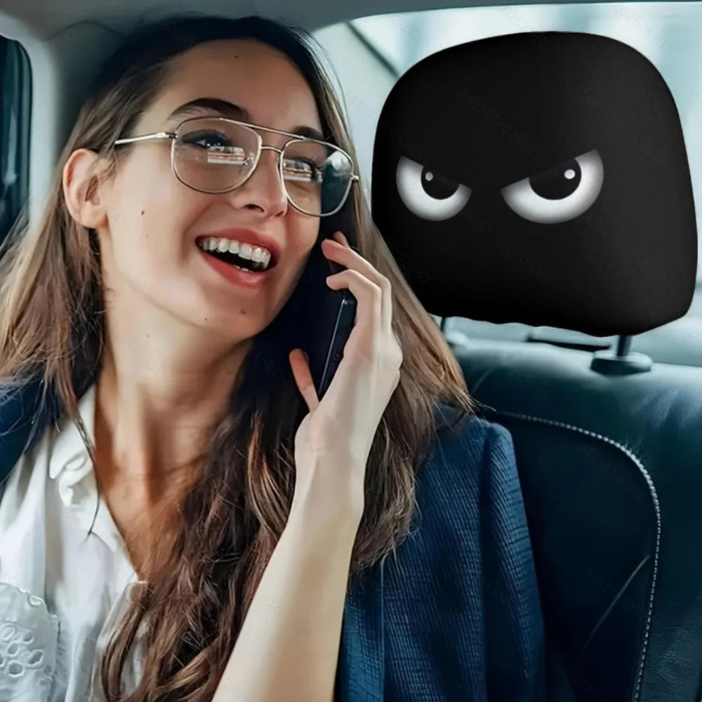 2pcs Horror-Themed Car Headrest Covers Black White Face Design Unfilled Interior