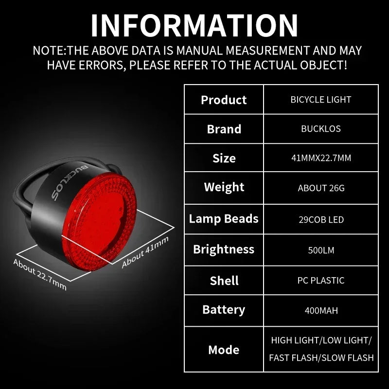 BUCKLOS Cycling Lights COB Bicycle Headlight Taillight LED Bike Front Rear Light Ultralight Riding Warning Lamp Road MTB Lantern