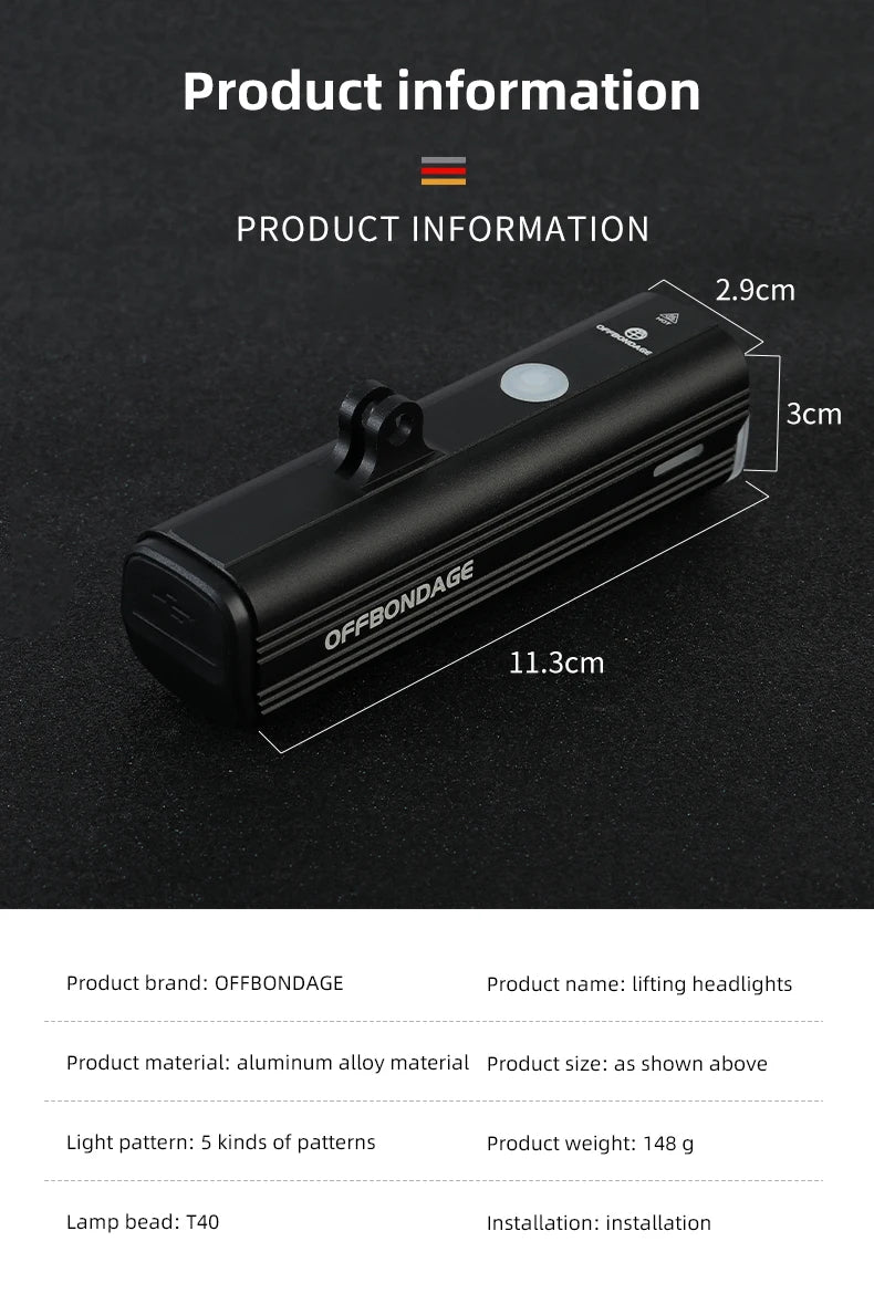 OFFBONDAGE Bike Front Light Rainproof USB Rechargeable Bicycle Light 1000LM Cycling Headlight LED 4800mAh Flashlight Bike Lamp