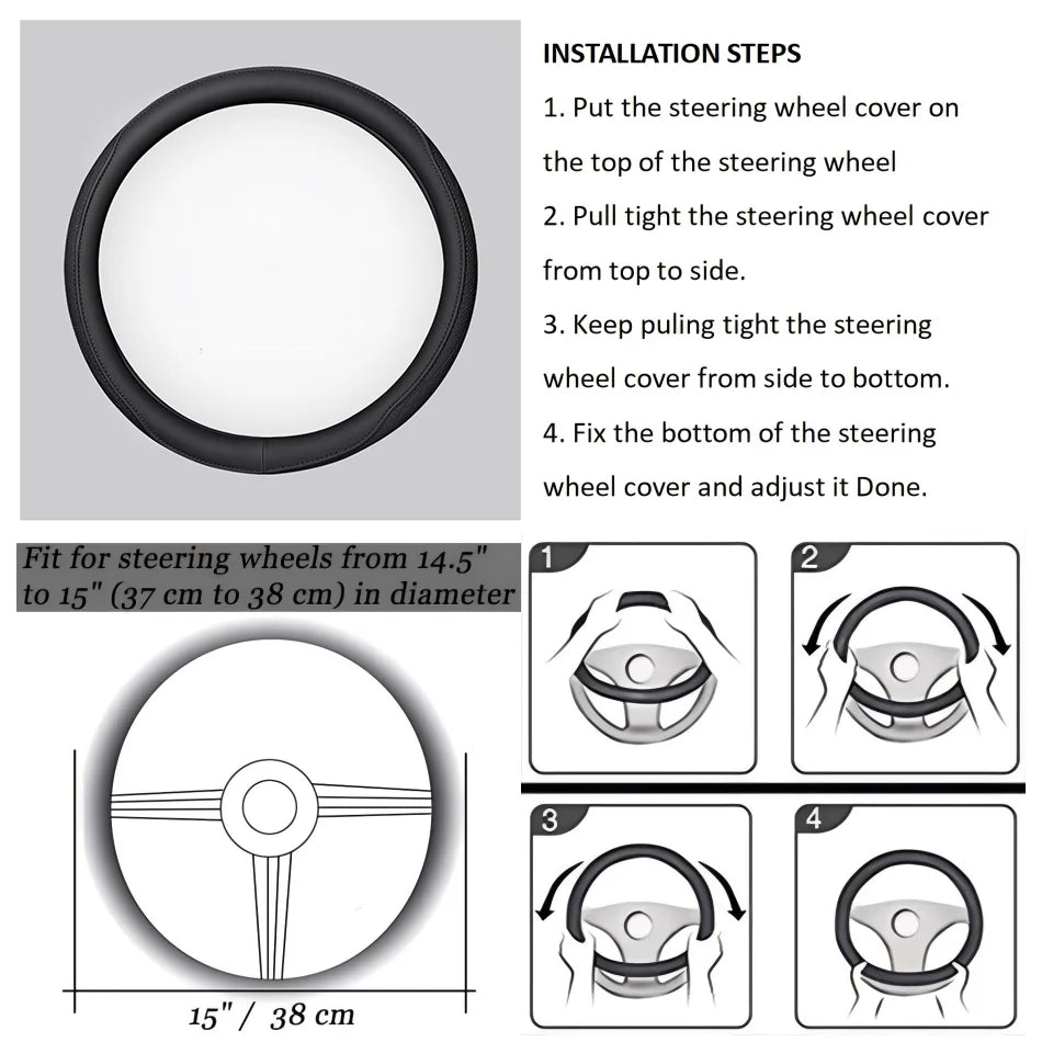 Embossed PU Leather Patchwork Car Steering Wheel Cover, Non-slip, Breathable