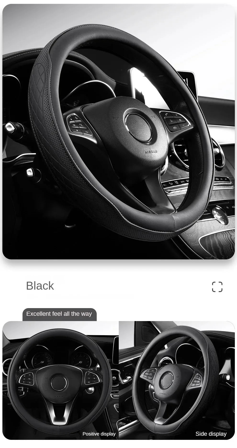 Embossed PU Leather Patchwork Car Steering Wheel Cover, Non-slip, Breathable