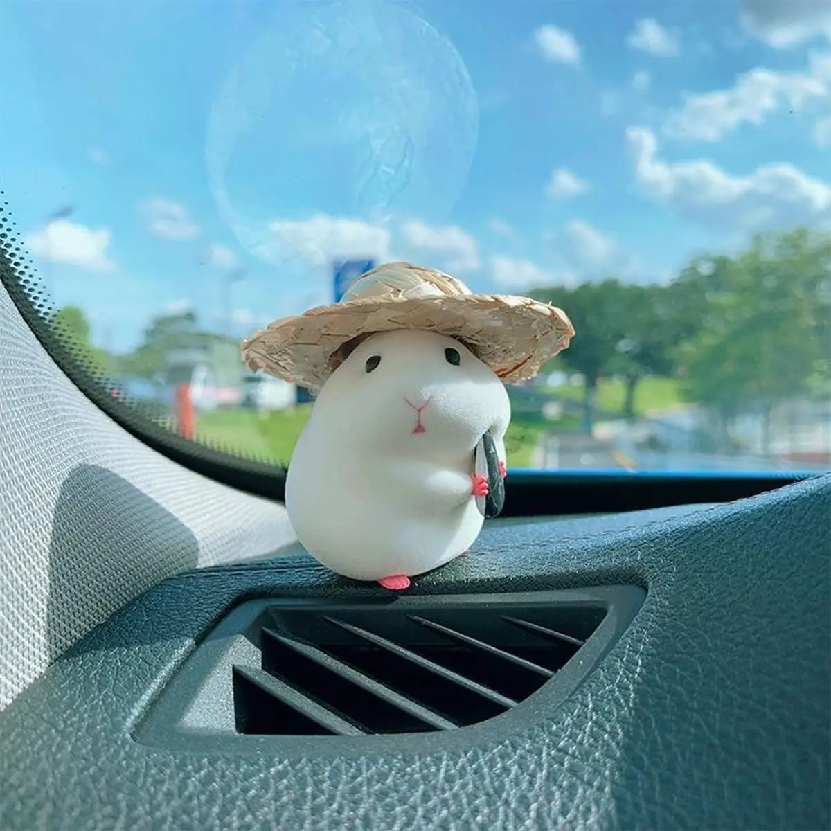 Cute Hamster with Straw Hat Car Ornament,Car Decoration Auto Interior Dashboard Premium Automotive Accessory