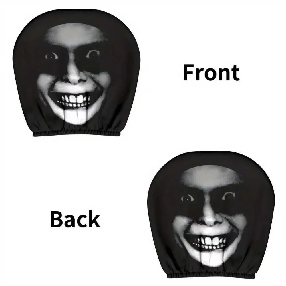 2pcs Horror-Themed Car Headrest Covers Black White Face Design Unfilled Interior