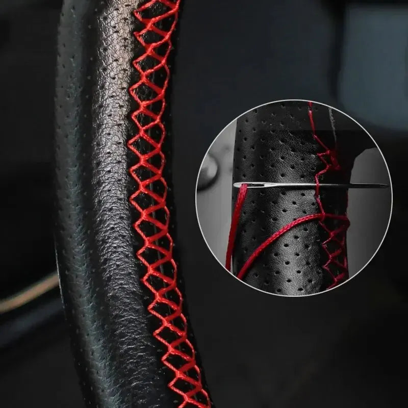 Universal Leather Car Steering Wheel Stitch On Wrap Cover Fit for 38cm 14" DIY