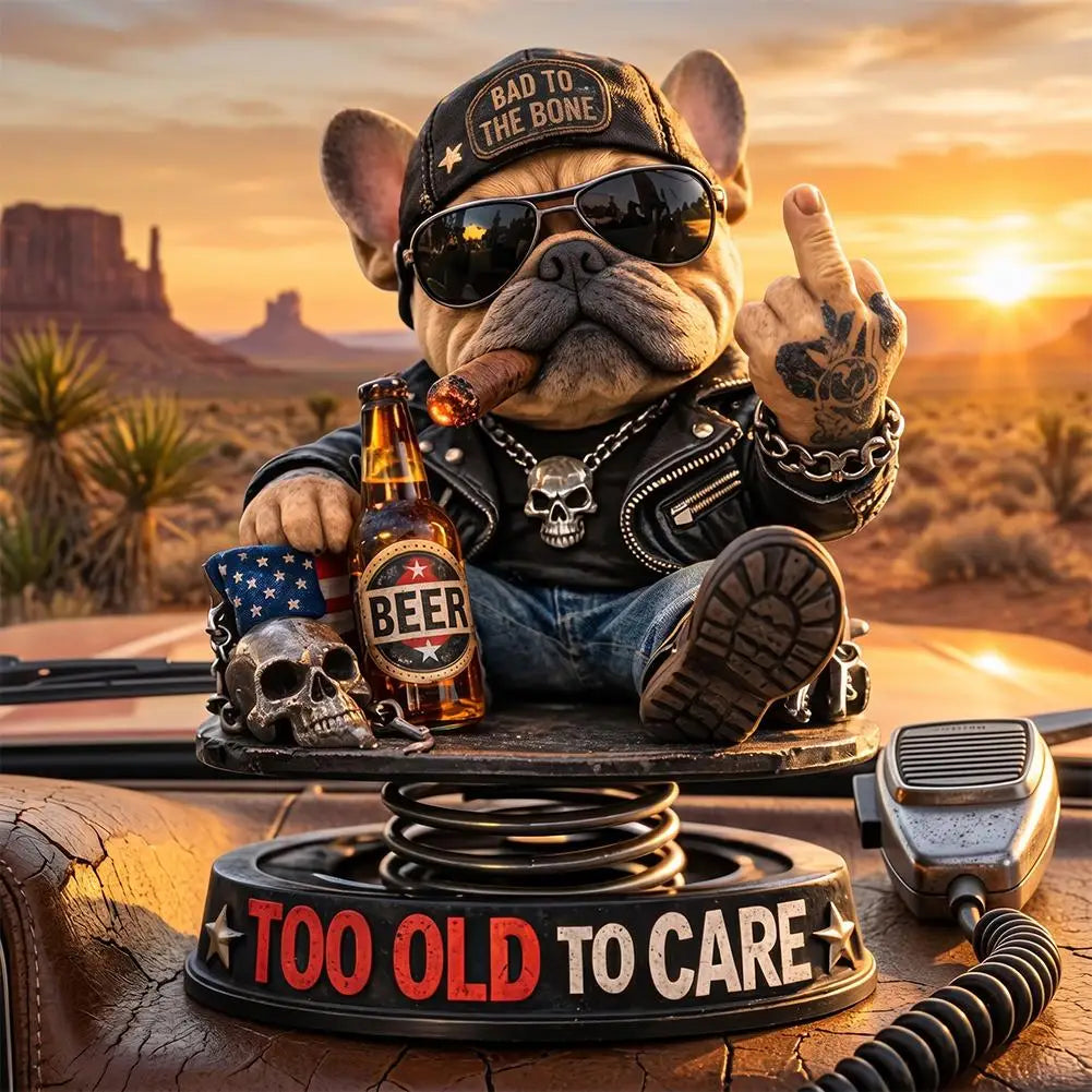 Biker Bulldog Dashboard Ornament Spring Shaking Design 105cm Tall Cold Cast Premium Automotive Accessory