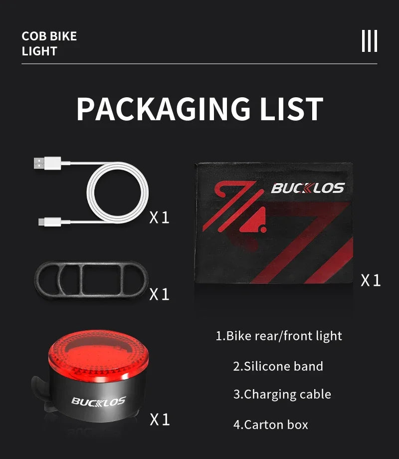 BUCKLOS Bike Light COB Front Rear Bicycle Lights LED Rechargeable Mountain Road Bicycle Lamp MTB Tail Light Cycling Flashlight