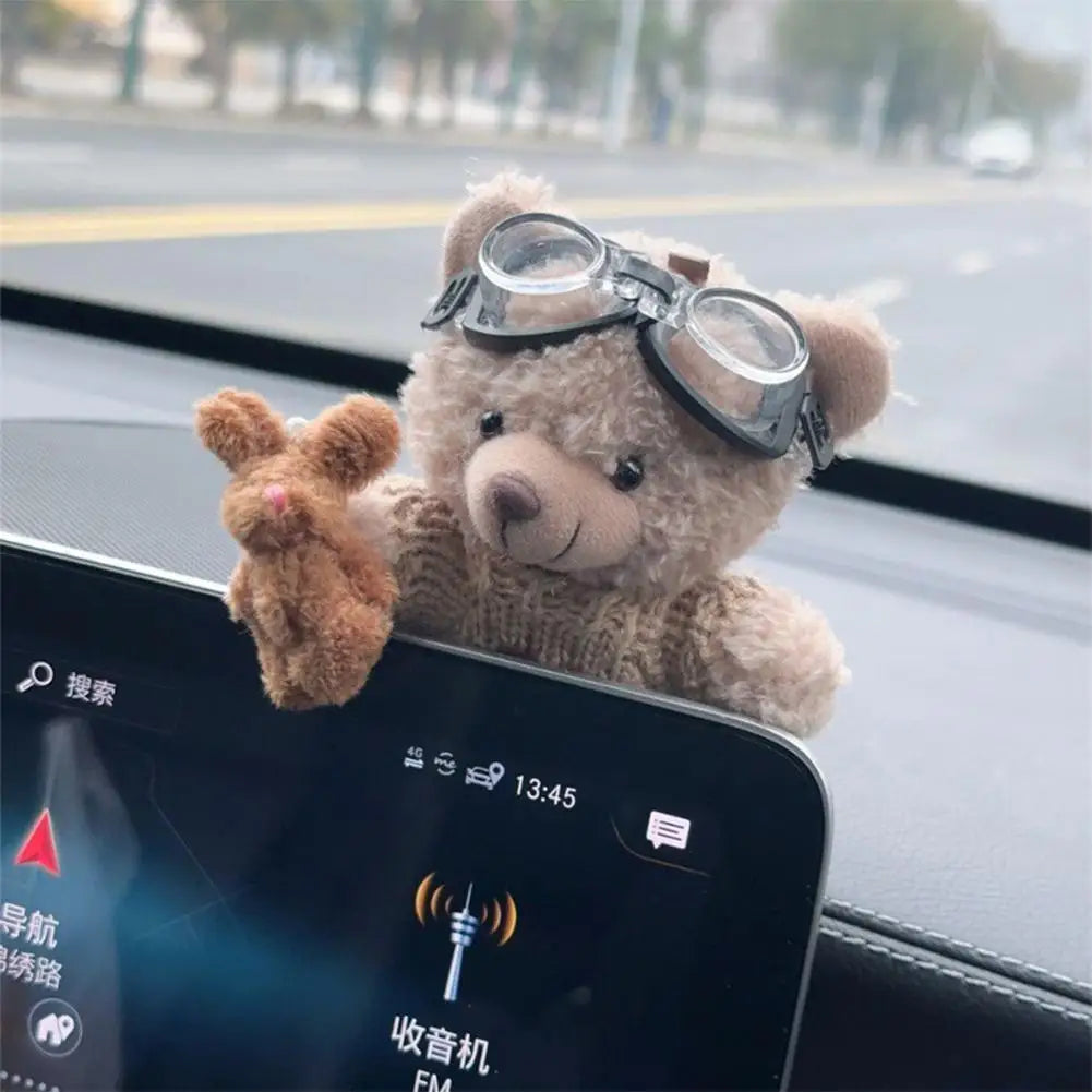 Car Decoration Interior Bear Screen Ornaments Plush Cartoon Cute Center Console Premium Automotive Accessory