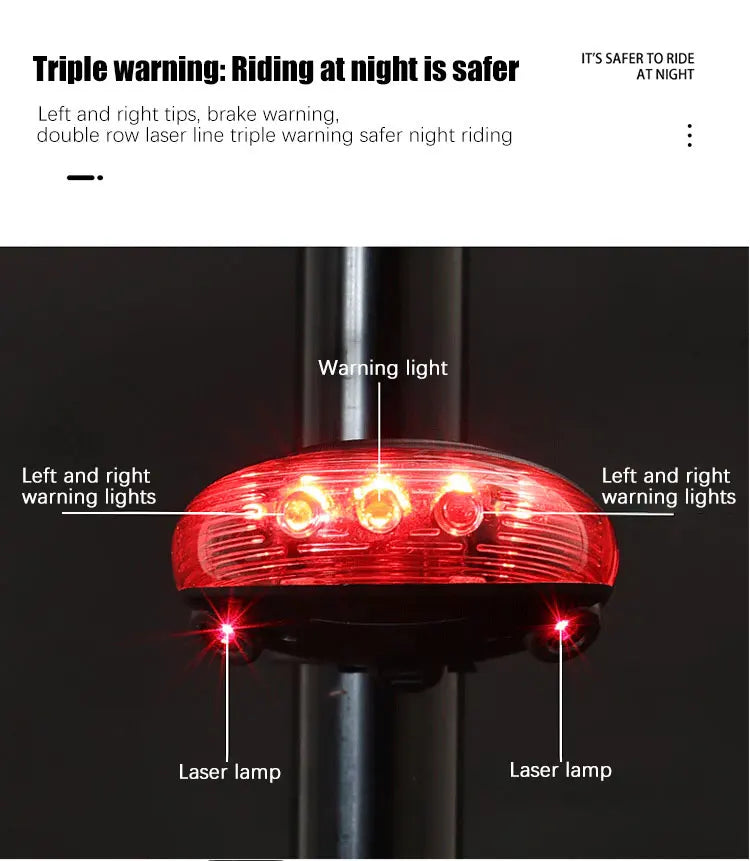 5 LED Bicycle Tail Lamp Night Riding Red Safety Warning Light Bike Tail Light Waterproof Outdoor Cycling Taillights
