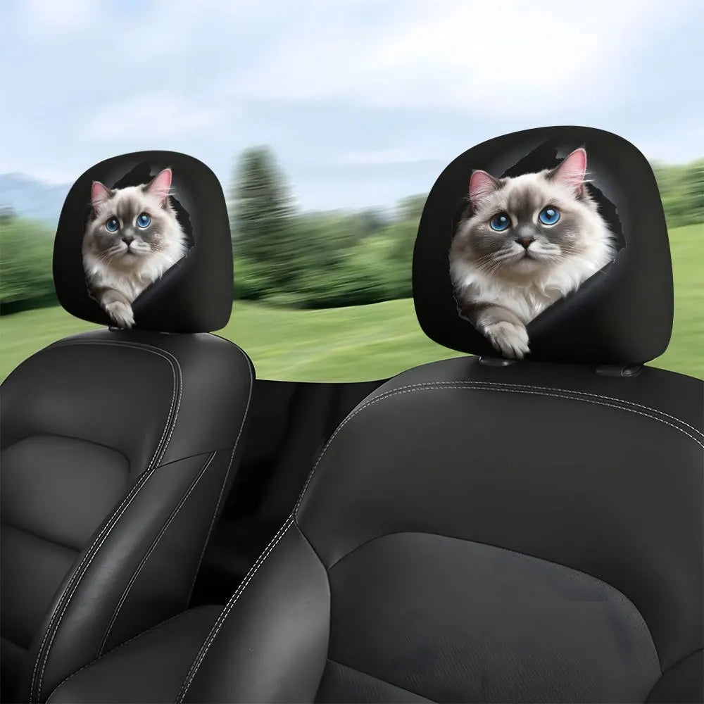 Cute Ragdoll Cat Covers 2 pcs Print Headrest Interior Protector Auto Vehicle