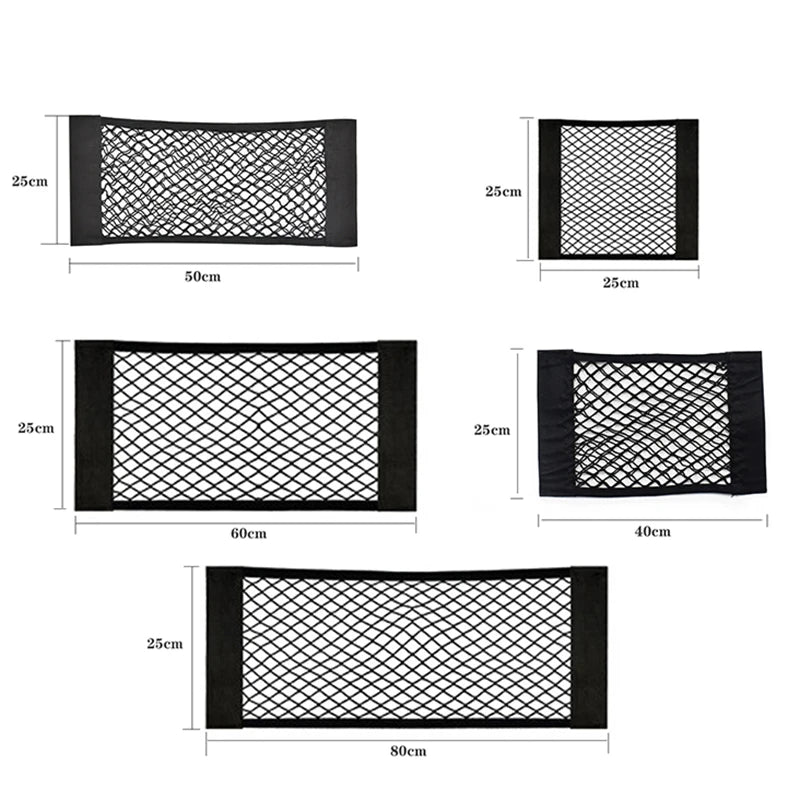 Car Seat Back Organizer Trunk Net Mesh Pocket Elastic String Magic Sticker