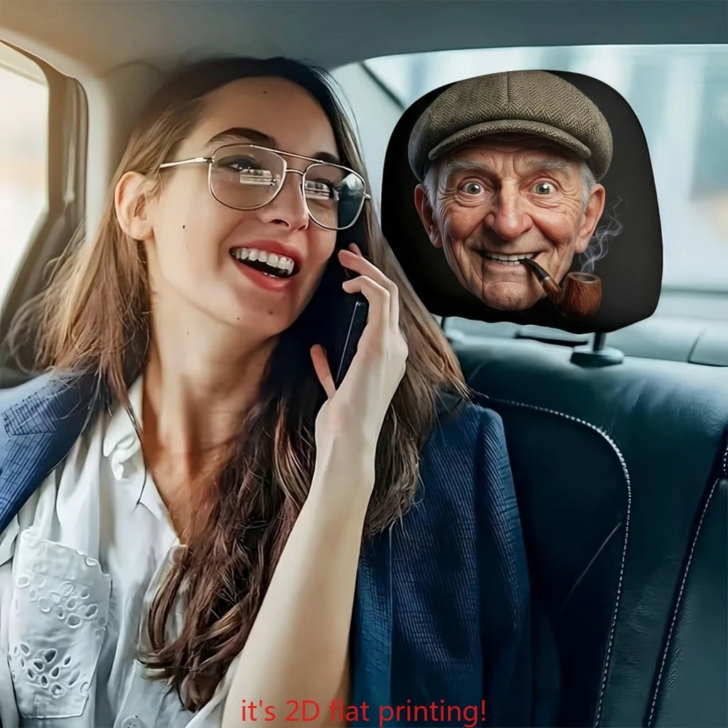 Set of 2 Headrest Covers Featuring a Humorous Old Man Design with Hat Interior