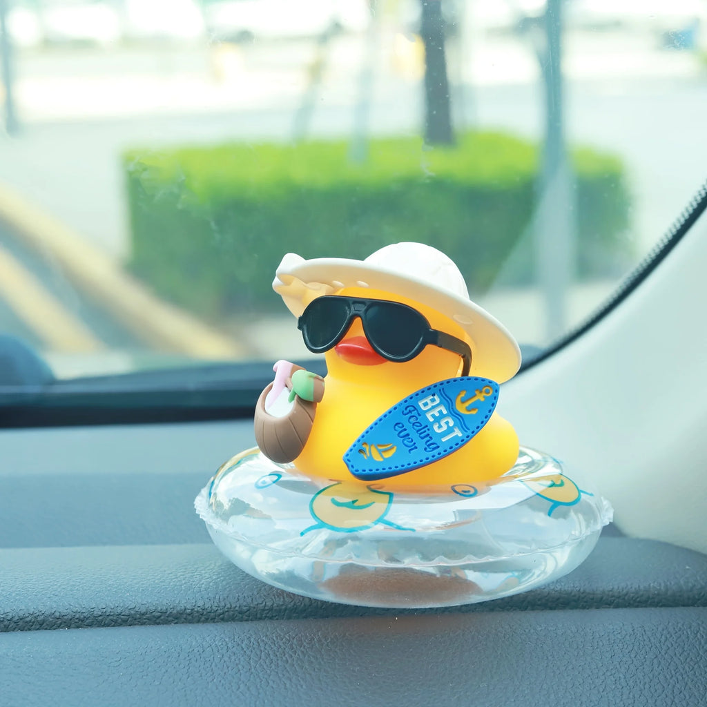 Cool Summer Duck Car Dashboard Decor, Rubber with Swim Ring & Sunglasses, Cute Premium Automotive Accessory