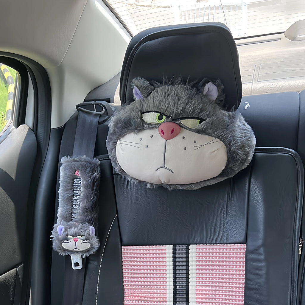 Cute Lucifer Cat Headrest Seat Belt Cover Cartoon Stuffed Anime Cinderella Bad