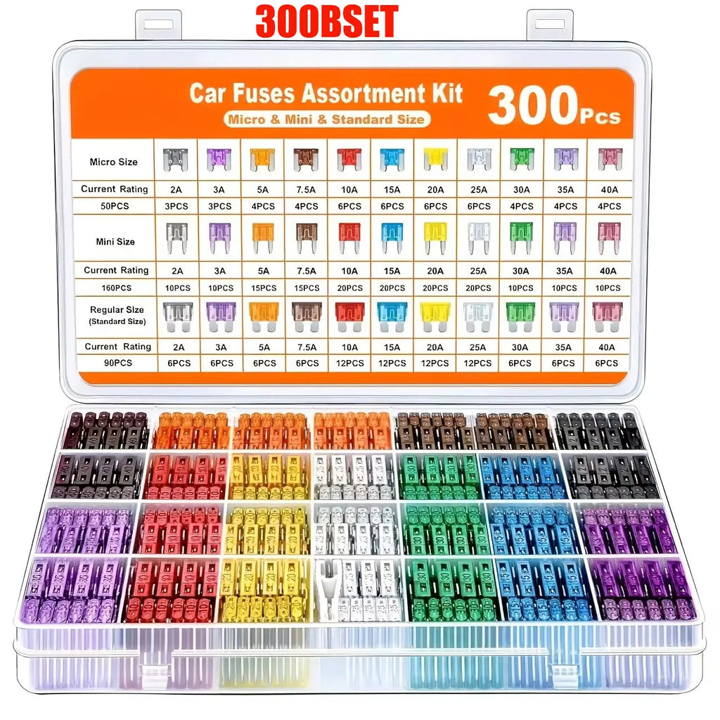 Assorted colored plug in fuses in a clear plastic case with visible fuse ratings. RH100 Multicolored 2a 3a 5a 7.5a 10a 15a 20a 25a 30a 35 amp