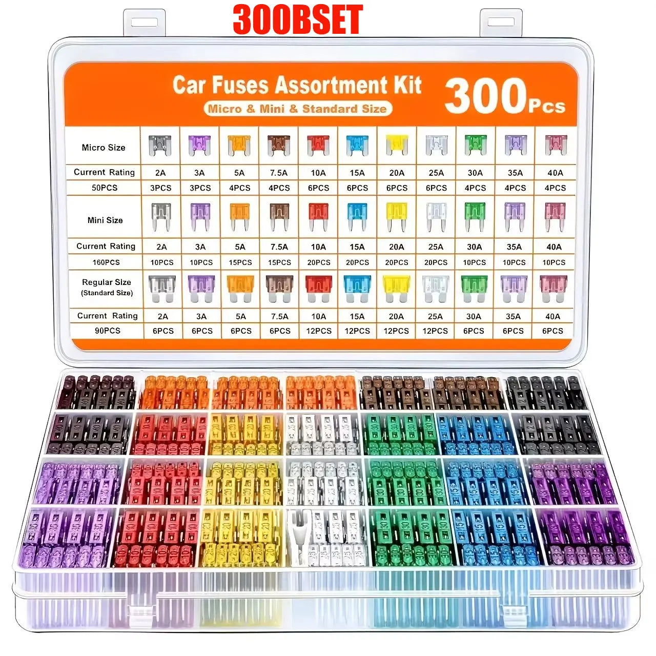 Assorted colored plug in fuses in a clear plastic case with visible fuse ratings. RH100 Multicolored 2a 3a 5a 7.5a 10a 15a 20a 25a 30a 35 amp