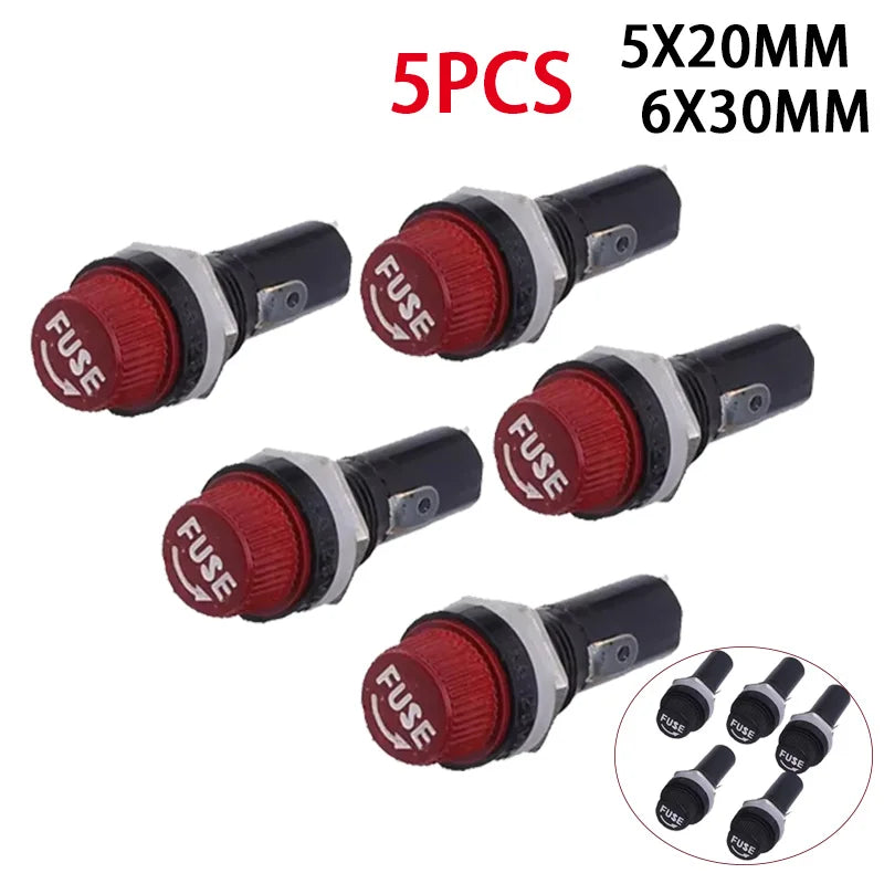 Five fuse holders with red and black design on a white background, labeled 5x20mm and 6x30mm.