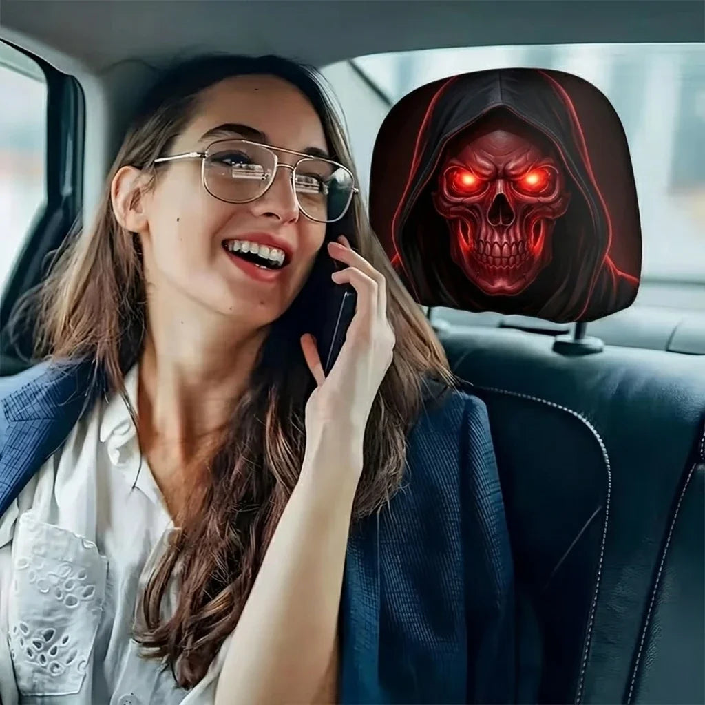Red-Eyed Skull Print Headrest Cover Easy To Install Durable Universal Car