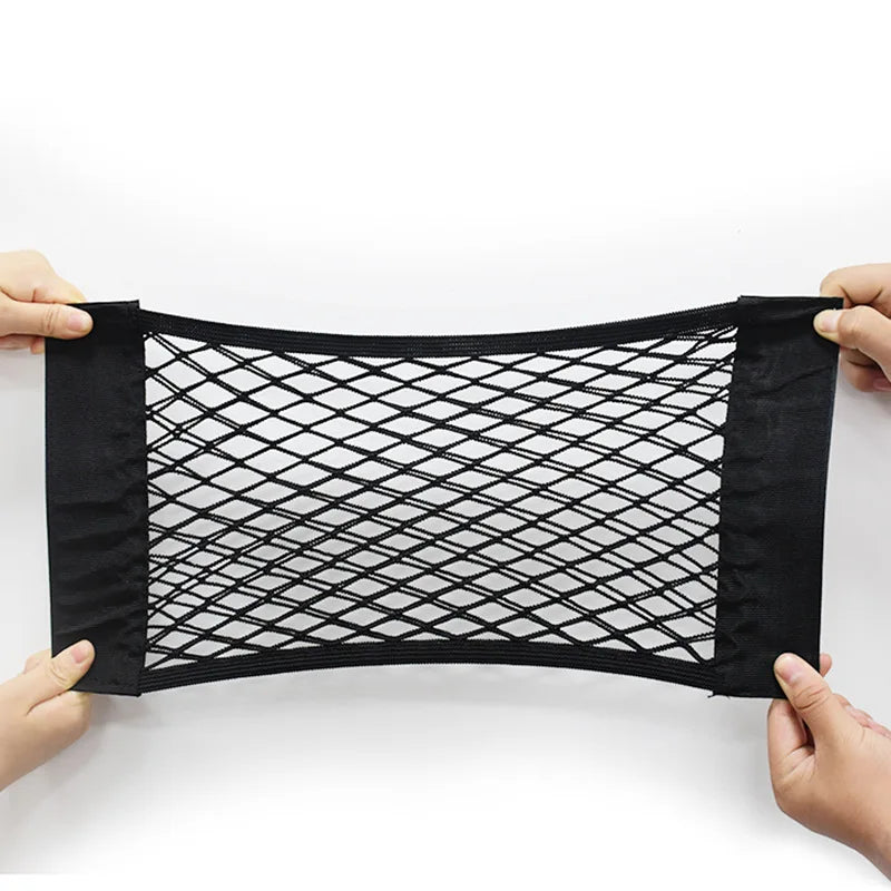 Car Seat Back Organizer Trunk Net Mesh Pocket Elastic String Magic Sticker
