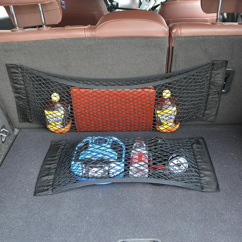 Car Seat Back Organizer Trunk Net Mesh Pocket Elastic String Magic Sticker