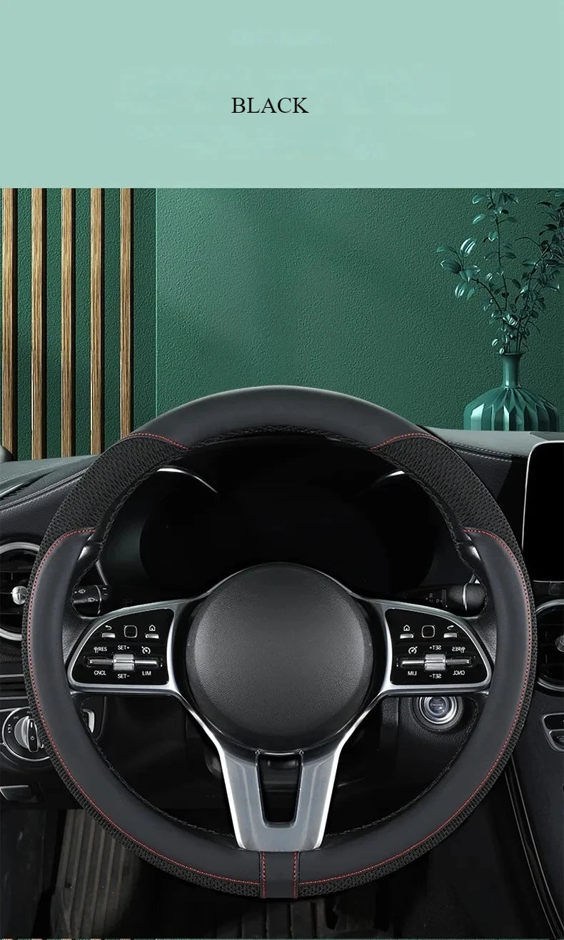 Car Steering Wheel Cover Premium Leather Stitched with Breathable Mesh Fabric
