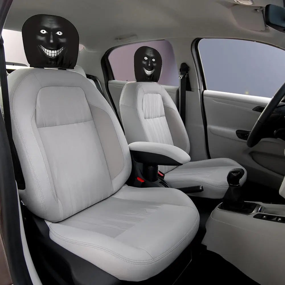 2pcs Horror Face Print Car Headrest Covers Elastic Fit Lightweight Washable
