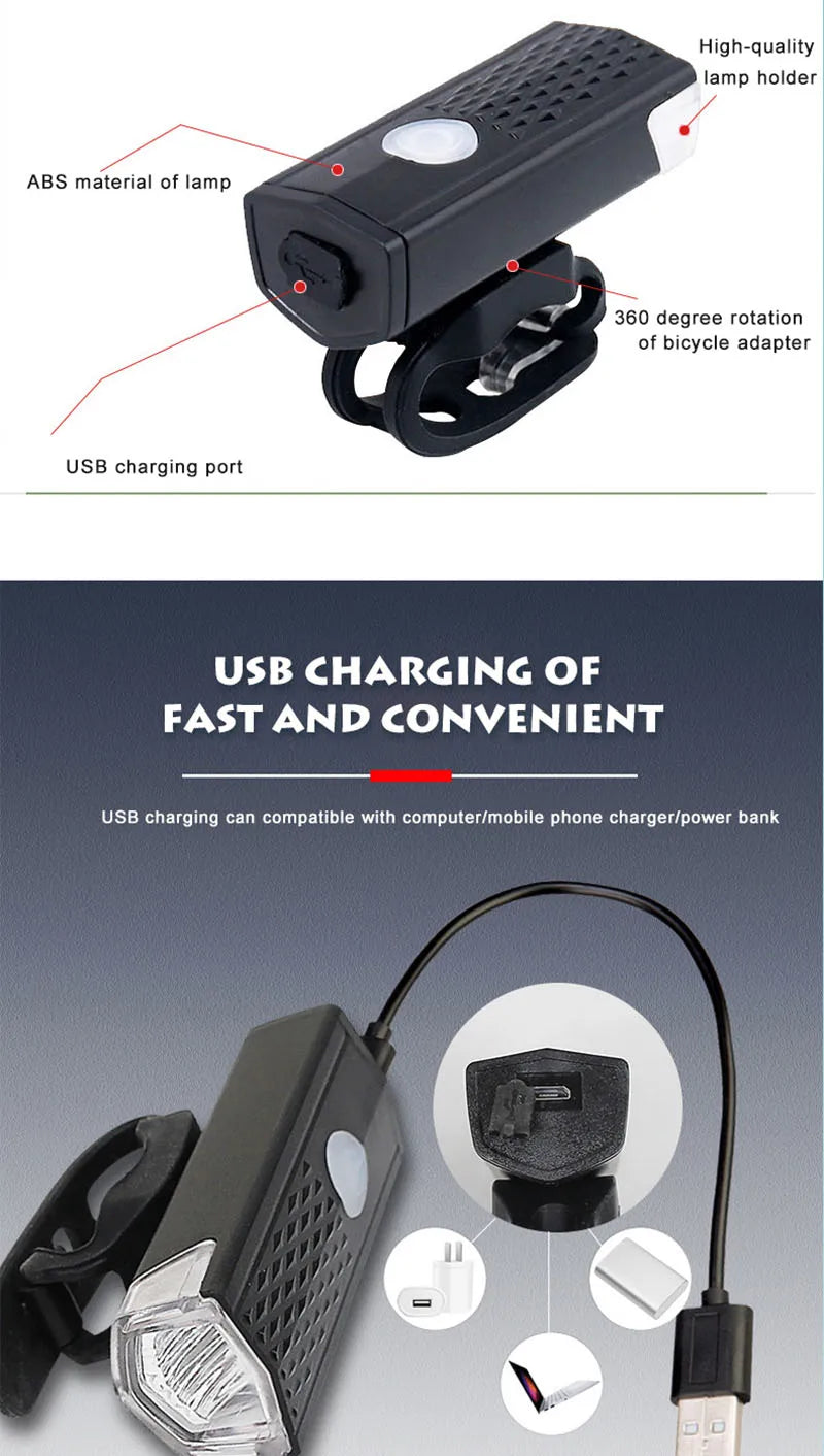 Bike Light Set Front Light with Taillight LED Rechargeable Bicycle Lights 3 Modes Headlight Easy to Install Night Cycling Lamp