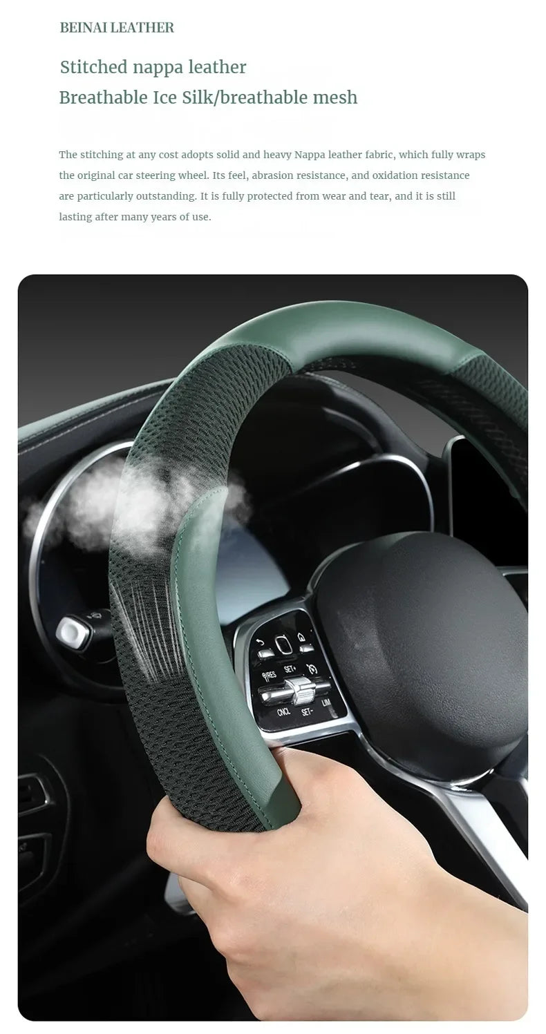 Car Steering Wheel Cover Premium Leather Stitched with Breathable Mesh Fabric