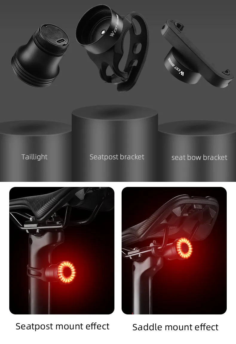 WEST BIKING Bike Tail Light Smart Sensing MTB Road Bike Rear Light  IPX6 Waterproof Type-C Charging Taillight Cycling Accessory