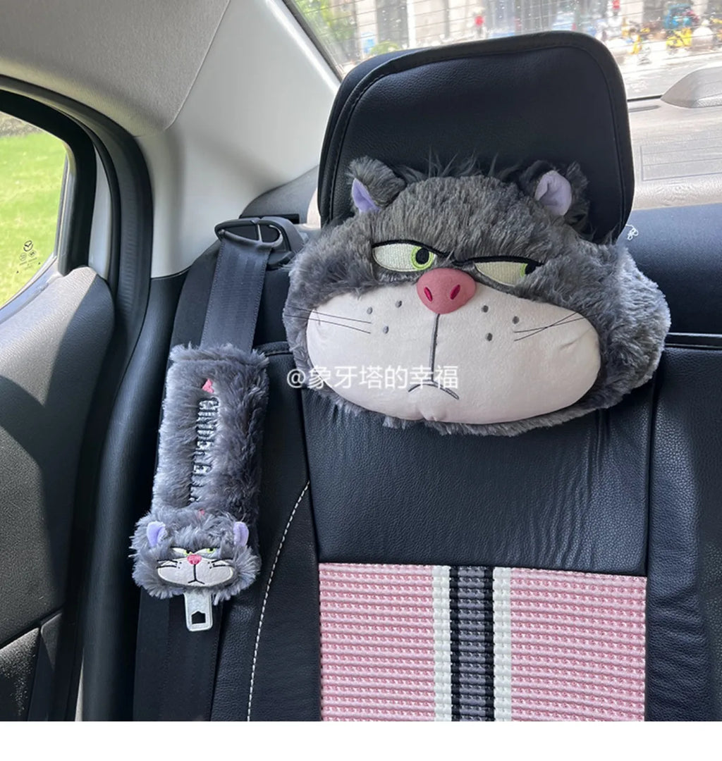Cute Lucifer Cat Headrest Seat Belt Cover Cartoon Stuffed Anime Cinderella Bad