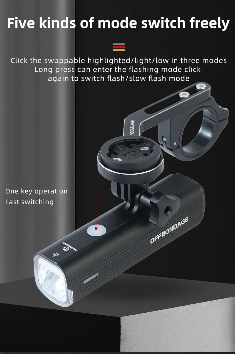 OFFBONDAGE Bike Front Light Rainproof USB Rechargeable Bicycle Light 1000LM Cycling Headlight LED 4800mAh Flashlight Bike Lamp