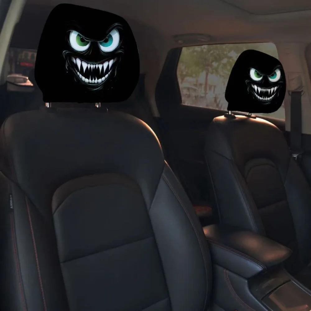 2pcs Horror-Themed Car Headrest Covers Black White Face Design Unfilled Interior