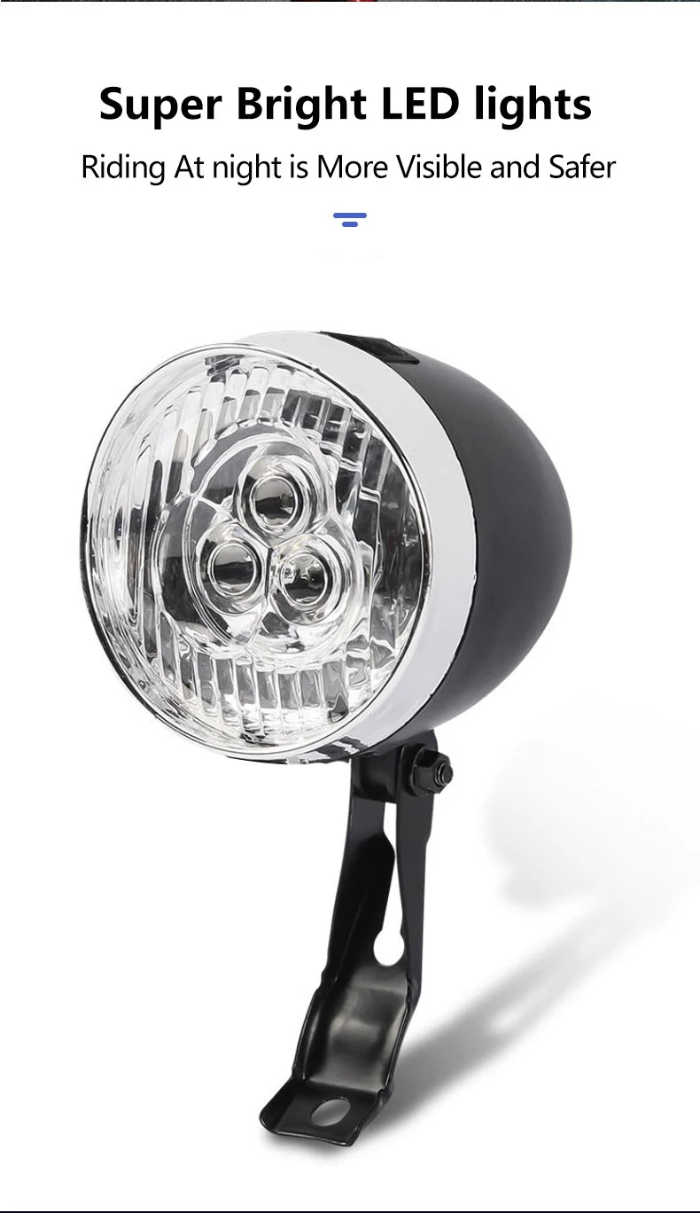 Vintage Bicycle Front Light 3 LED Bike Headlight MTB Flashlight Retro Design Cycling Head Lamp for Night Riding Black Silver