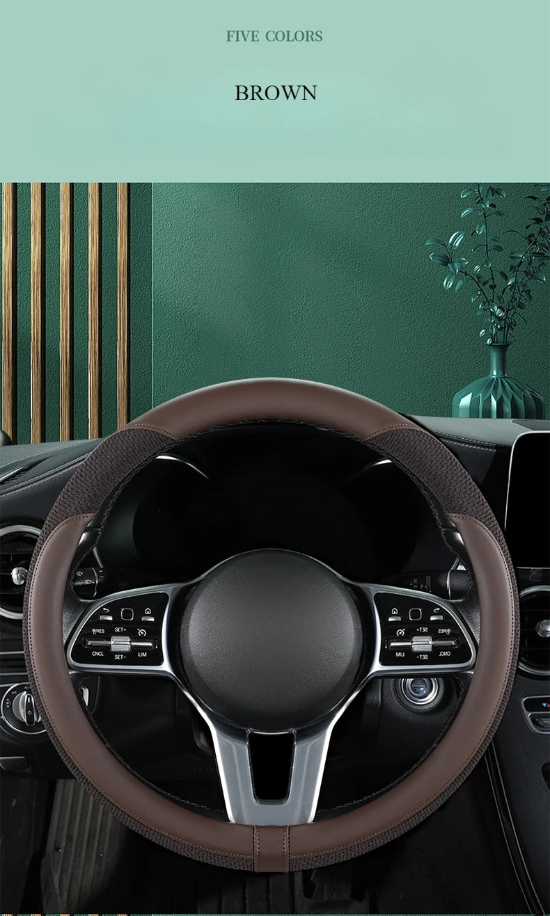 Car Steering Wheel Cover Premium Leather Stitched with Breathable Mesh Fabric