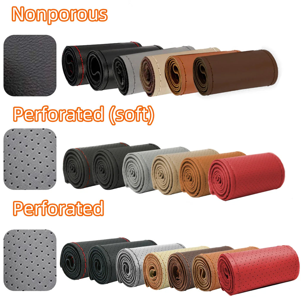 Universal Leather Car Steering Wheel Stitch On Wrap Cover Fit for 38cm 14" DIY