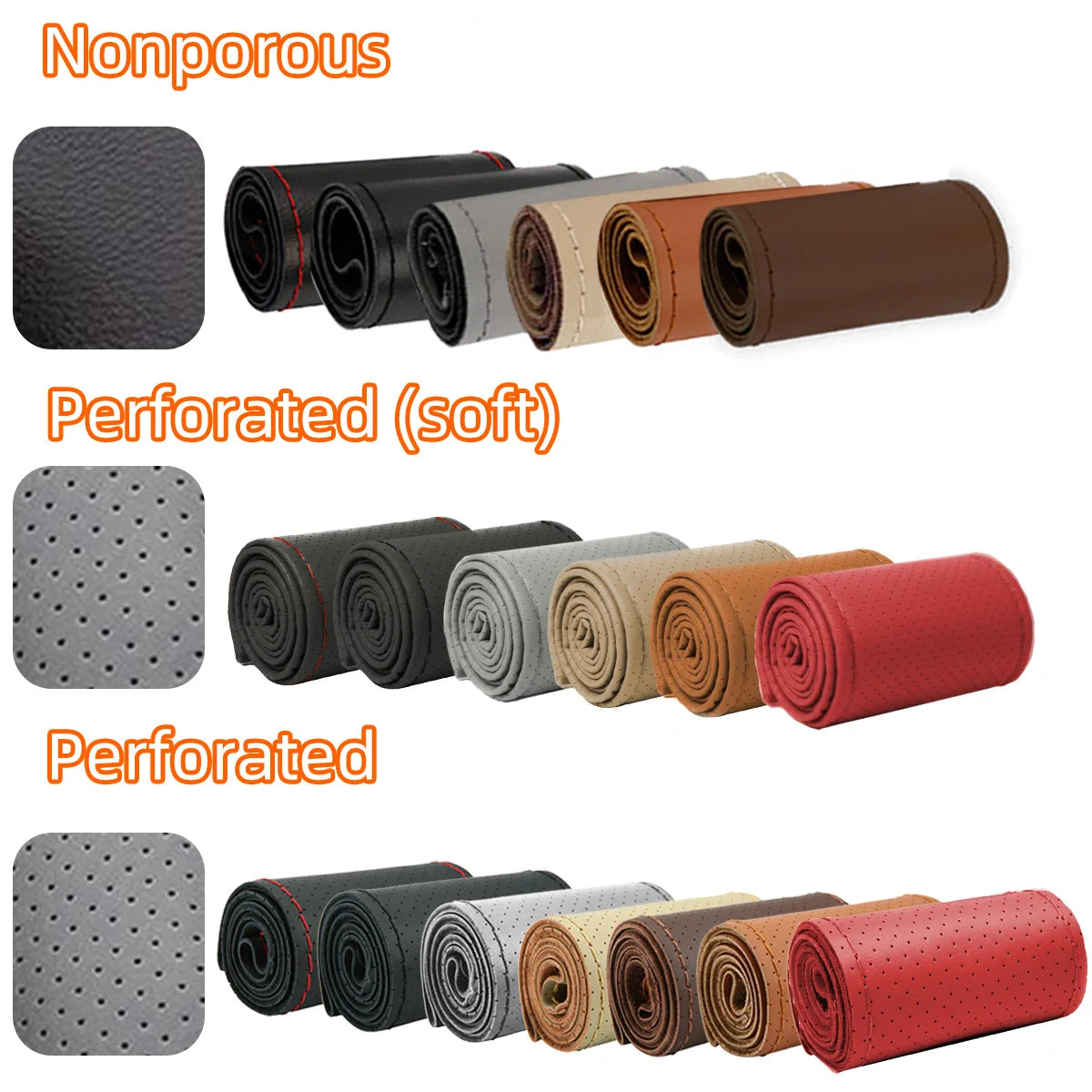 Universal Leather Car Steering Wheel Stitch On Wrap Cover Fit for 38cm 14" DIY