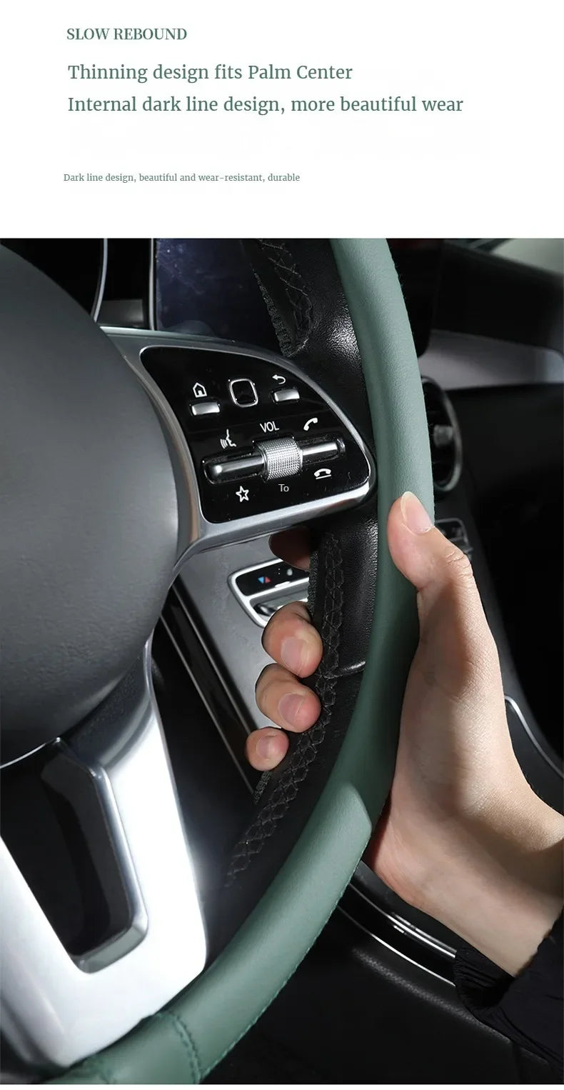 Car Steering Wheel Cover Premium Leather Stitched with Breathable Mesh Fabric