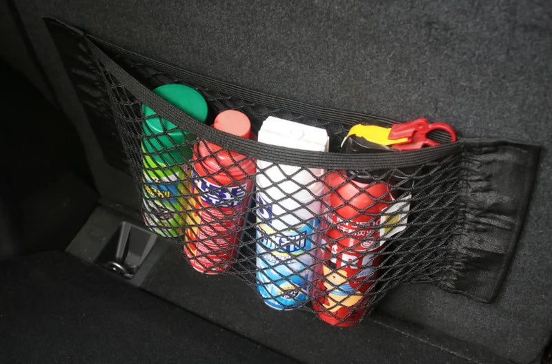 Car Seat Back Organizer Trunk Net Mesh Pocket Elastic String Magic Sticker