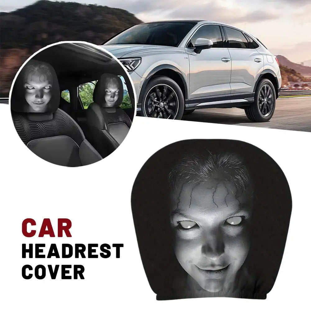 2 PCS Horror Face Print Car Headrest Covers Funny Scary Elastic Seat Interior