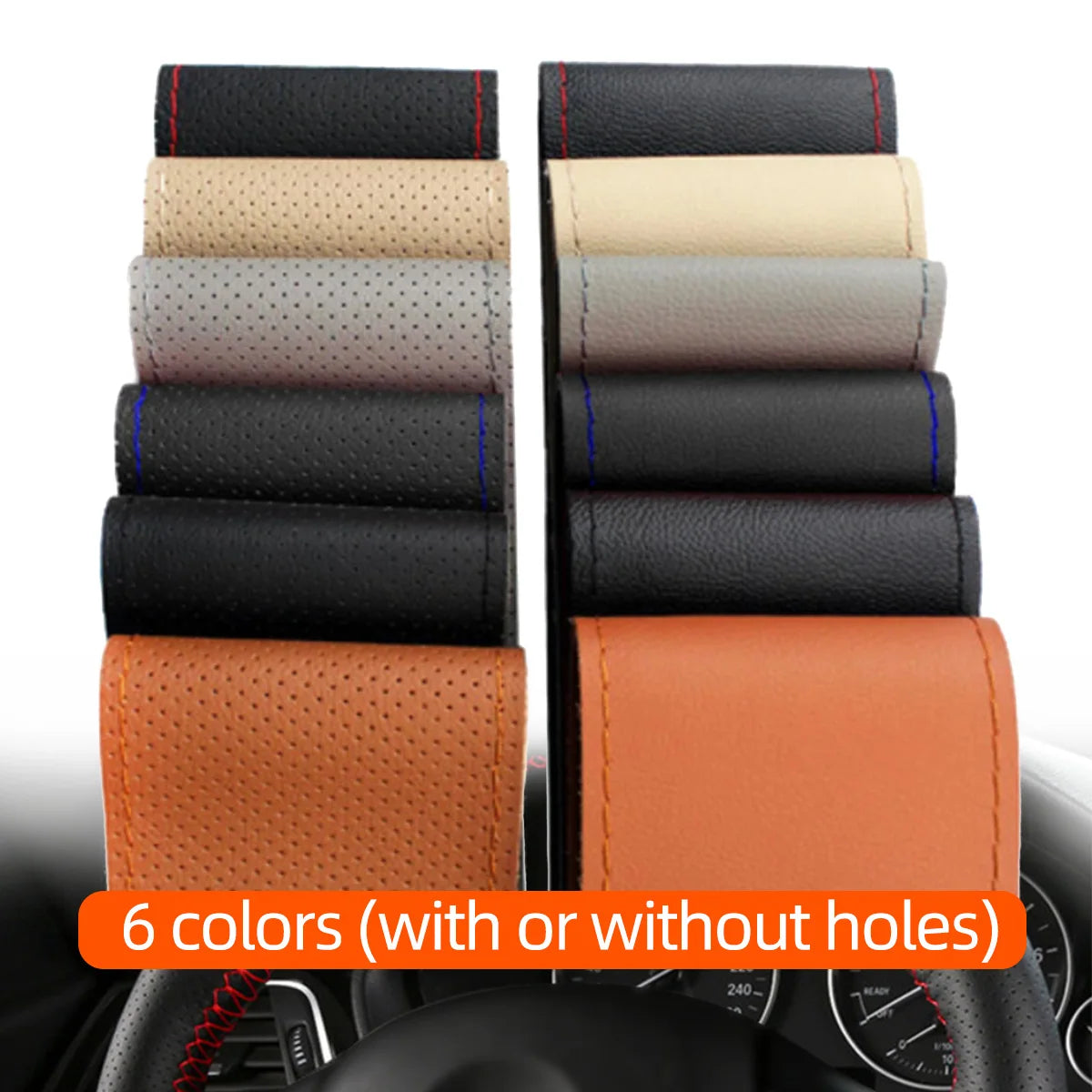 Universal Leather Car Steering Wheel Stitch On Wrap Cover Fit for 38cm 14" DIY