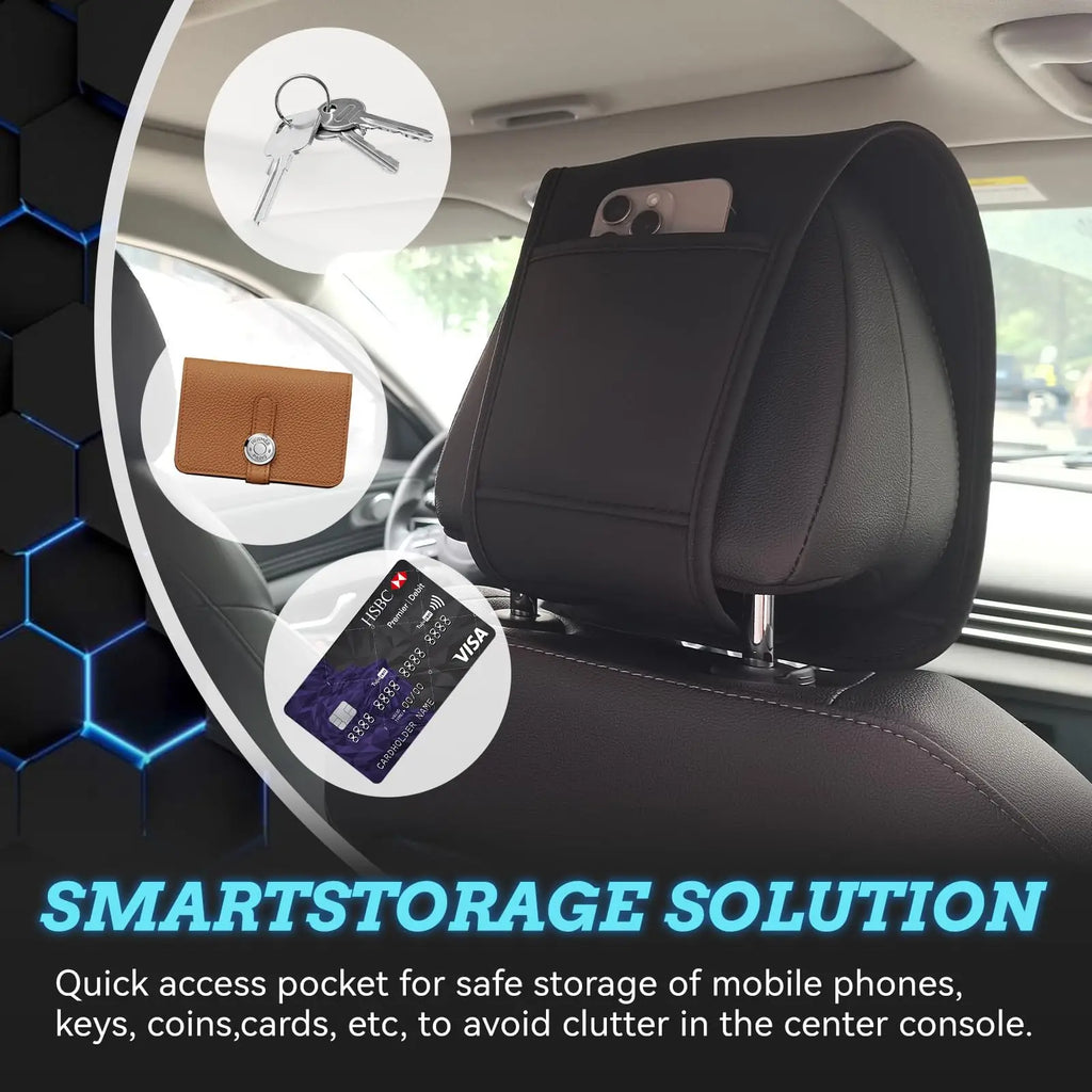 Car Headrest Covers for Seat with Pocket Leather Head Rest Cover Interior
