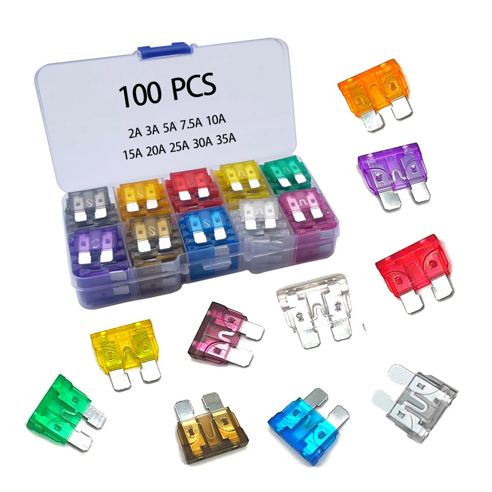 Assorted colored plug in fuses in a clear plastic case with visible fuse ratings. RH100 Multicolored 2a 3a 5a 7.5a 10a 15a 20a 25a 30a 35 amp
