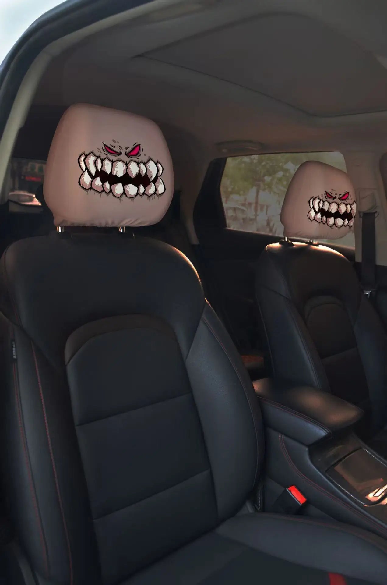 2pcs Horror-Themed Car Headrest Covers Black White Face Design Unfilled Interior
