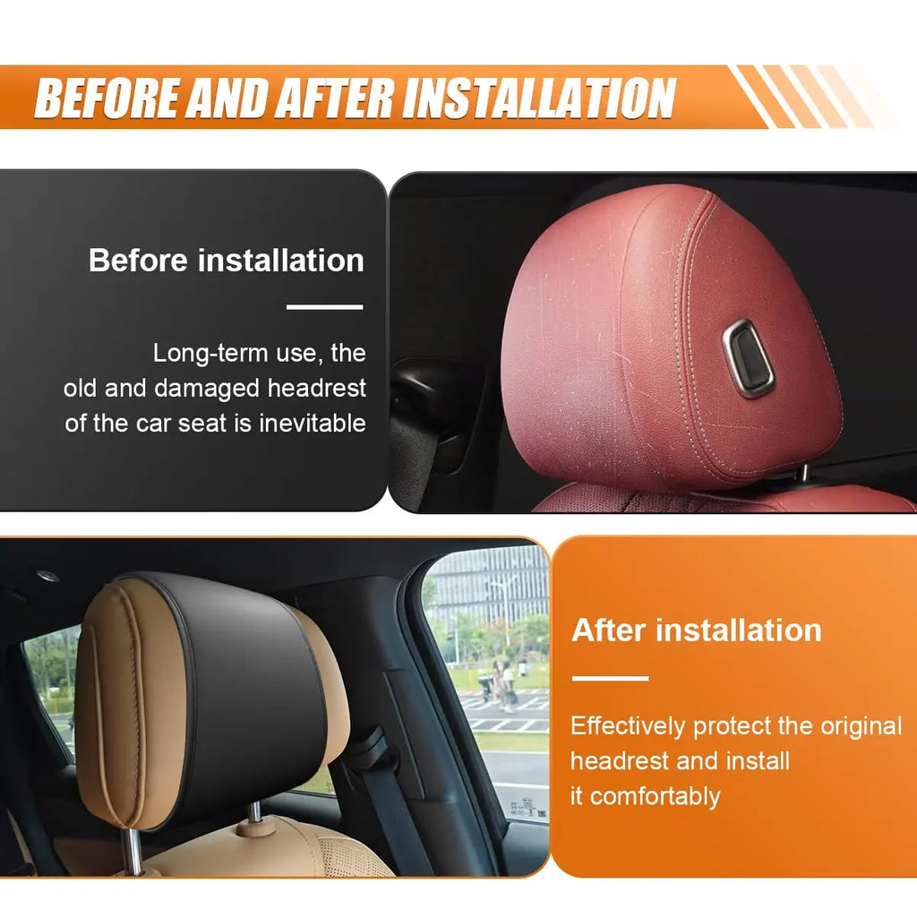 Car Headrest Covers for Seat with Pocket Leather Head Rest Cover Interior