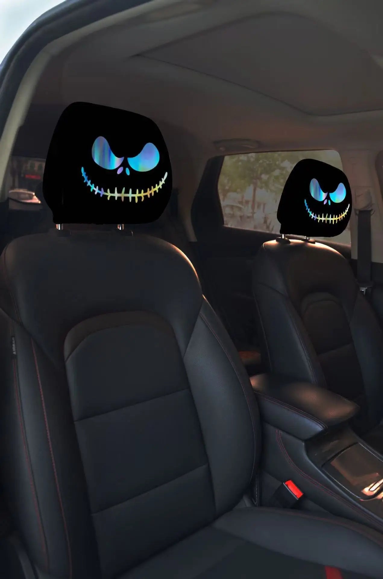 2pcs Horror-Themed Car Headrest Covers Black White Face Design Unfilled Interior
