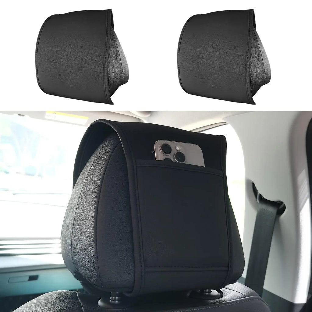 Car Headrest Covers for Seat with Pocket Leather Head Rest Cover Interior
