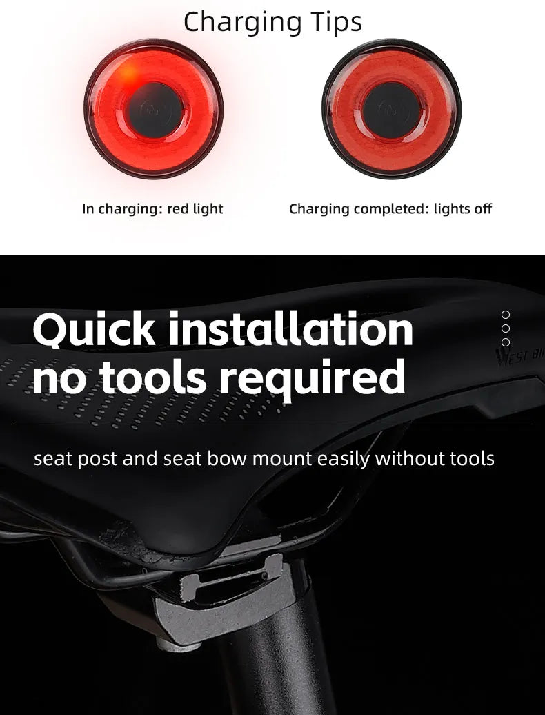 WEST BIKING Bike Tail Light Smart Sensing MTB Road Bike Rear Light  IPX6 Waterproof Type-C Charging Taillight Cycling Accessory